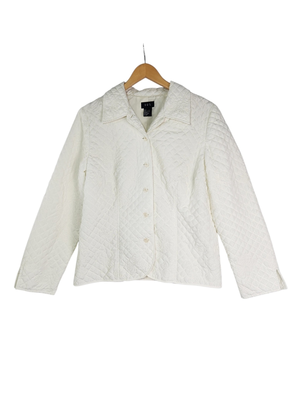 R.Q.T Women's Quilted Embroidered Jacket Ivory Floral Button Front Lined Size L - Picture 2 of 16